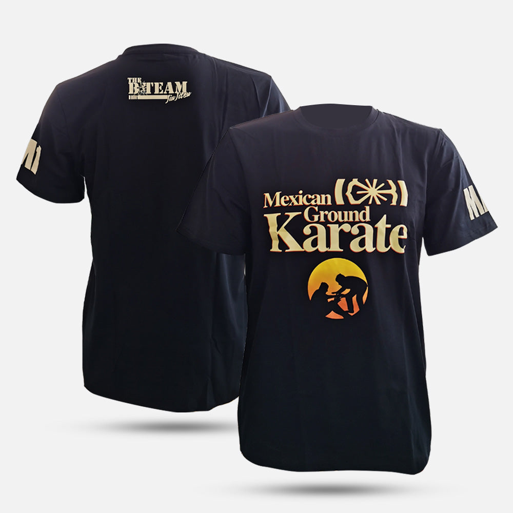A black premium t-shirt with 'Mexican Ground Karate' text and graphics related to the B-Team on the front and back.